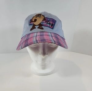 Vintage Taz Looney Tunes Warner Bros Elastic Strapback Hat Cap Blue Pink Plaid